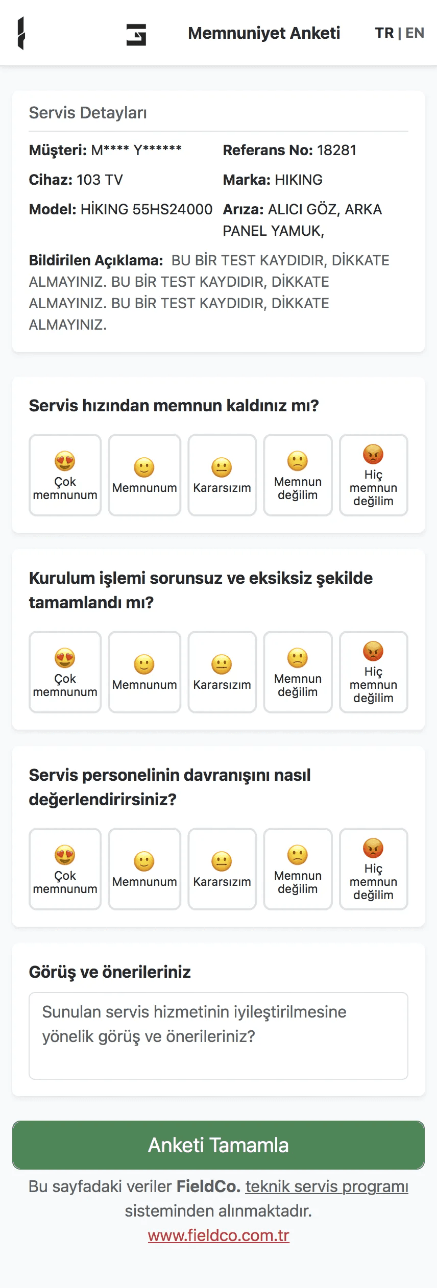FieldCo müşteri memnuniyet anketi ekranı — 5 puanlı emoji skalası
