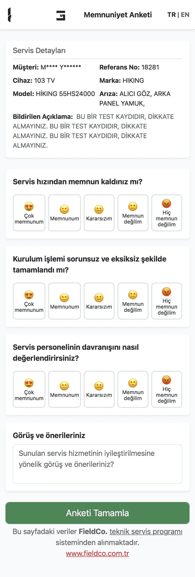 FieldCo müşteri memnuniyet anketi ekranı